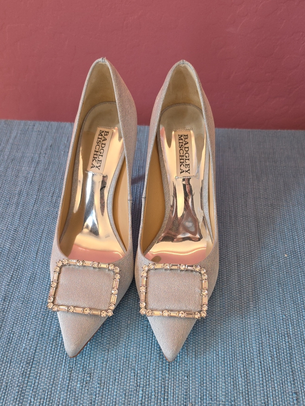Badgley Mischka Blush Pink Pointed Toe Pumps with Crystal Buckles